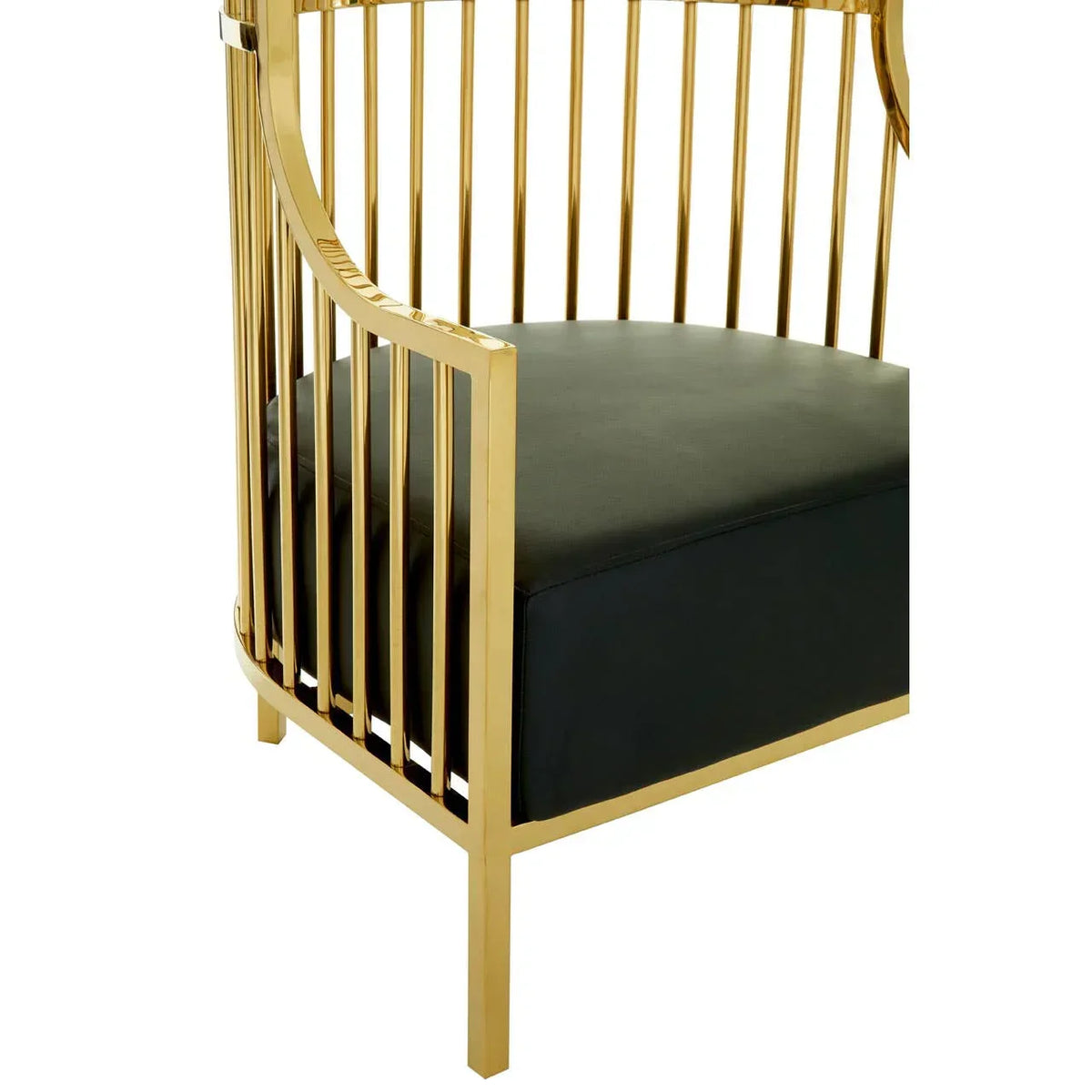 Gold metal armchair with black seat cushion, close-up of frame and upholstery