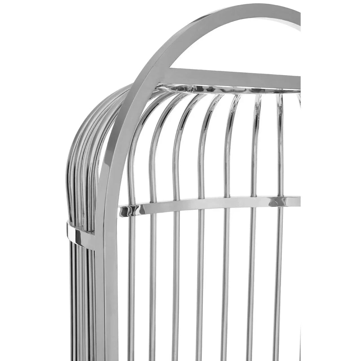 Close view of chrome metal bed frame corner with vertical slats and rounded top detail