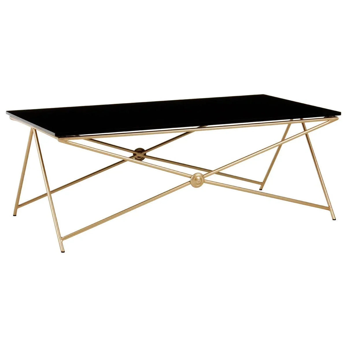 Rectangular black glass coffee table with gold metal frame and geometric legs