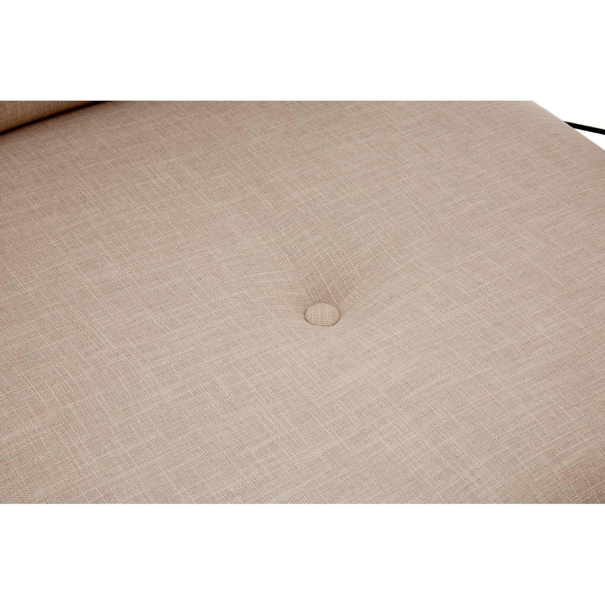 Beige fabric sofa seat with single button tuft detail, close-up of textured upholstery