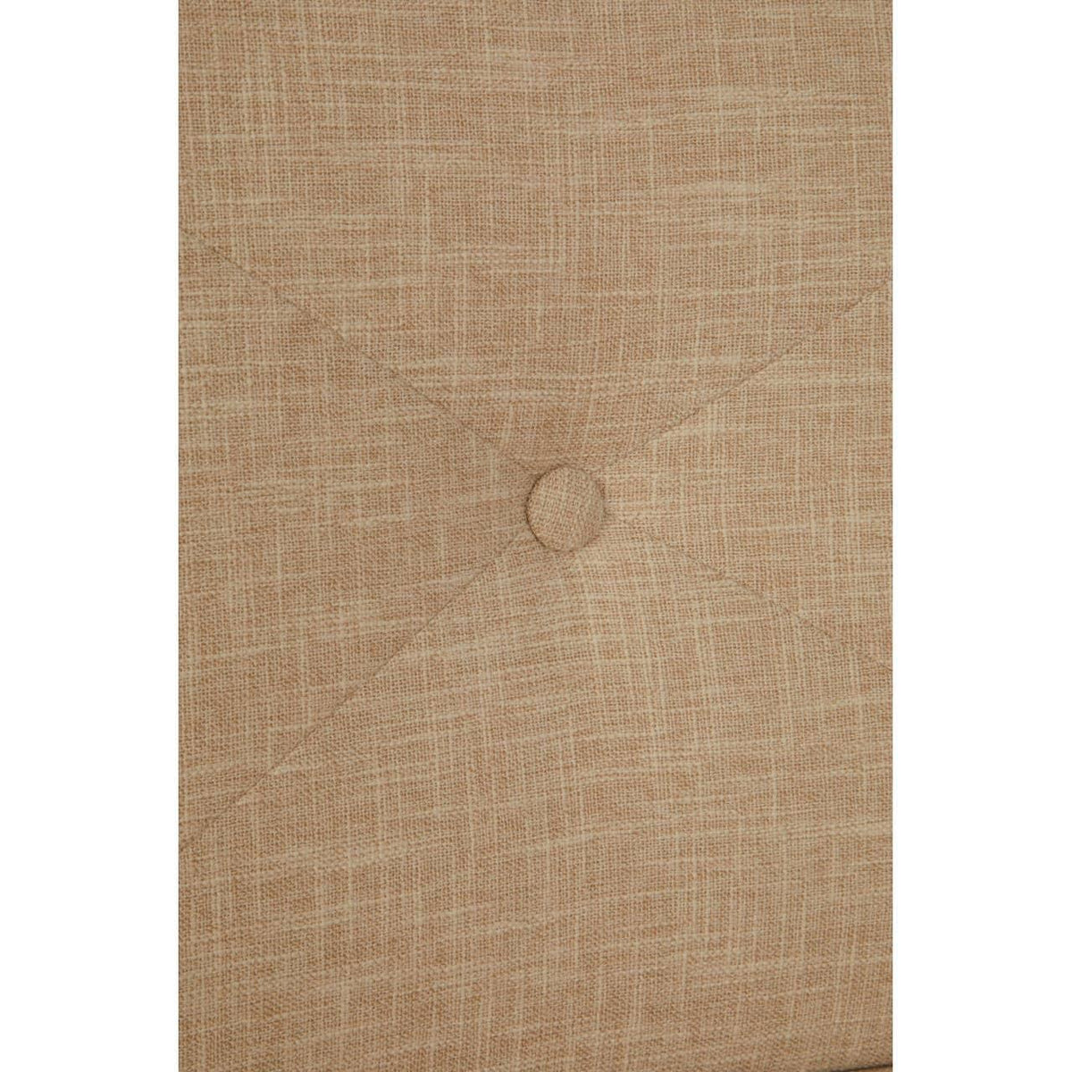 Beige fabric upholstered chair back with button detail and textured weave pattern