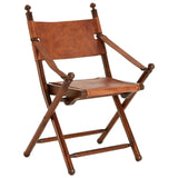 Brown leather and wood folding chair with slanted arms and stitched seat