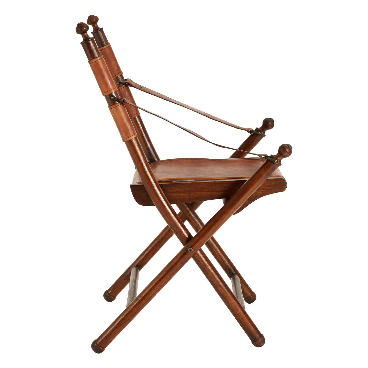 Side view of wooden folding chair with brown leather seat and backrest