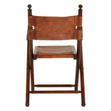Brown leather folding chair with wooden frame, rear view