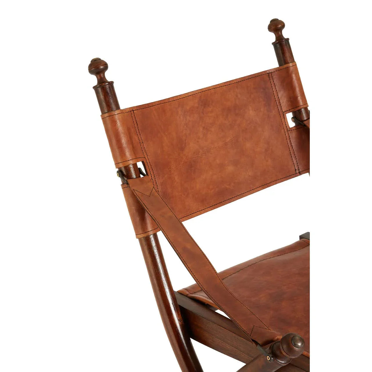 Brown leather dining chair with wooden frame, close-up of seat and backrest details