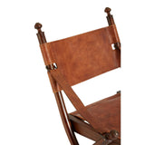 Brown leather dining chair with wooden frame, close-up of seat and backrest details