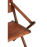 Close up of brown leather director chair armrest and seat with wooden frame