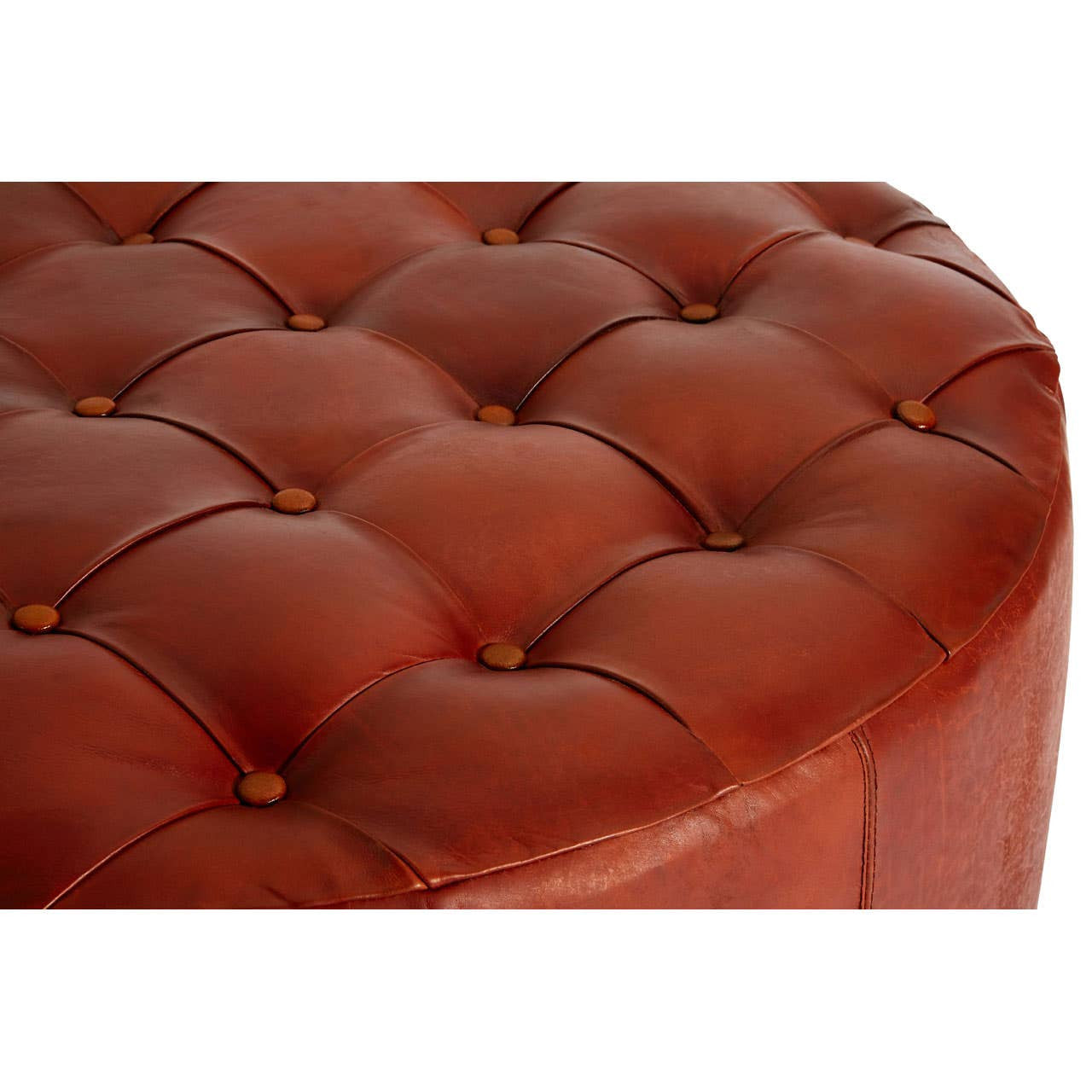 Round stool featuring button tufting in a rich antique brown leather finish, showcasing a smooth, rounded top with visible stitching and decorative buttons. The edges are softly rounded, enhancing its elegant design