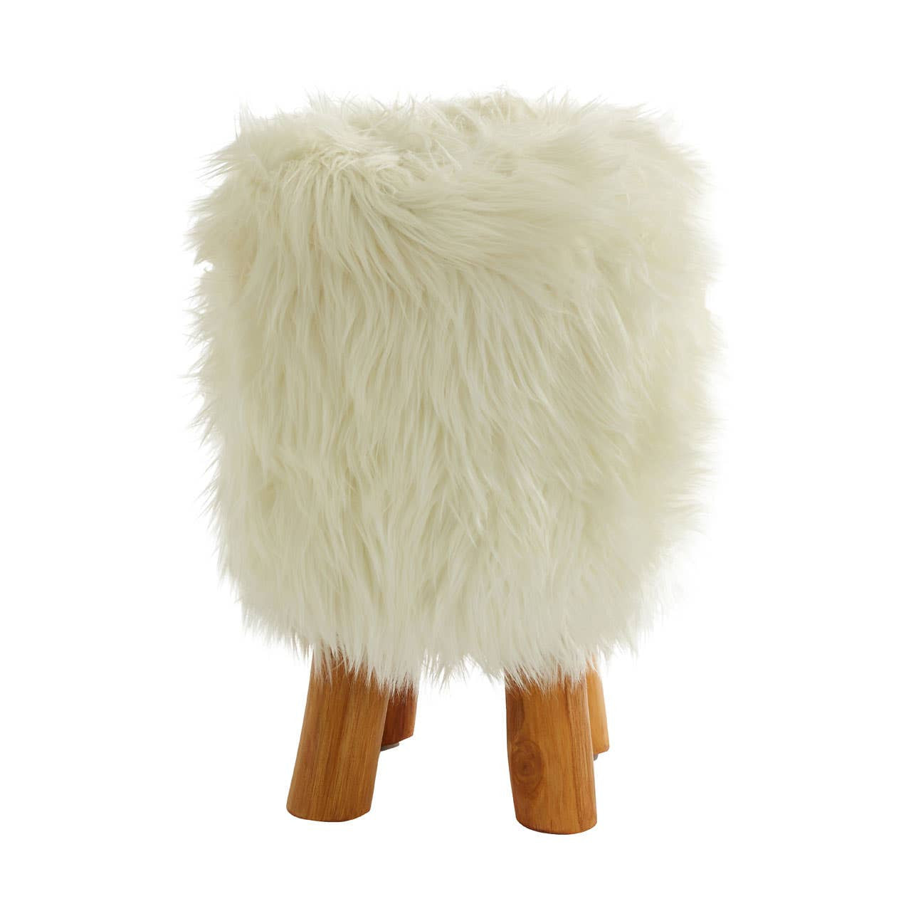 Round footstool covered in soft white faux fur, featuring four wooden legs that provide stability and a modern touch. The design is compact and plush, ideal for adding a cozy accent to any living space