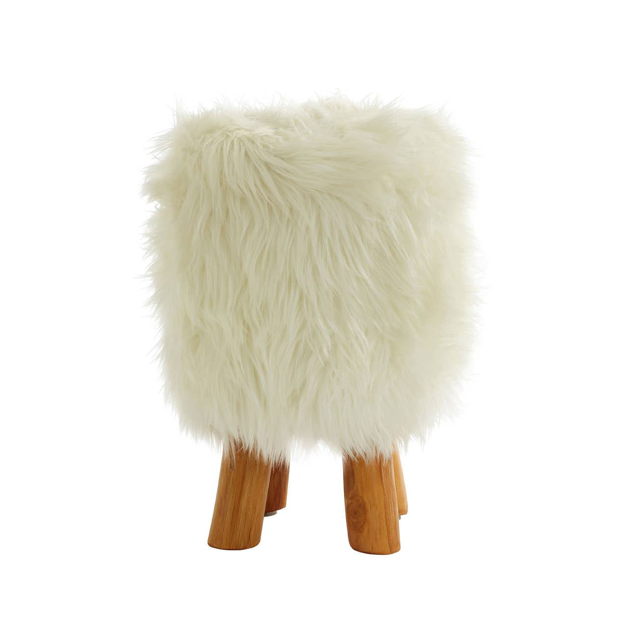 Round footstool covered in soft white faux fur, featuring four wooden legs that provide stability and a warm contrast to the fluffy texture