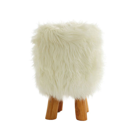 Round footstool covered in soft white faux fur, featuring four wooden legs that provide stability and a warm contrast to the fluffy texture