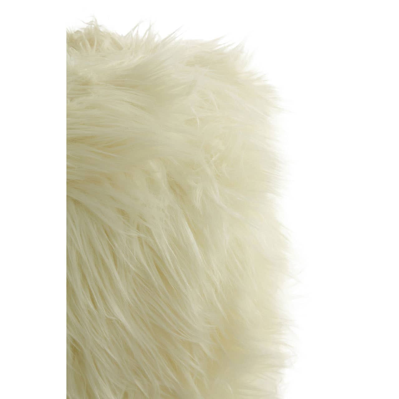 Soft, fluffy white faux fur texture of a round footstool, showcasing its plush surface and inviting appearance
