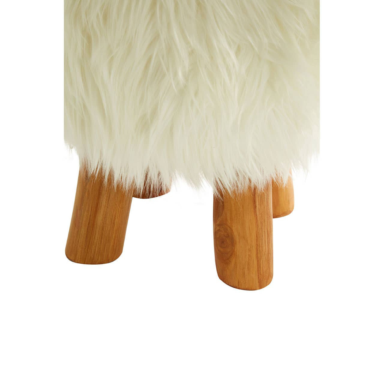Round footstool covered in soft white faux fur with four wooden legs. The legs are light brown and slightly tapered, providing a sturdy base for the plush seating surface