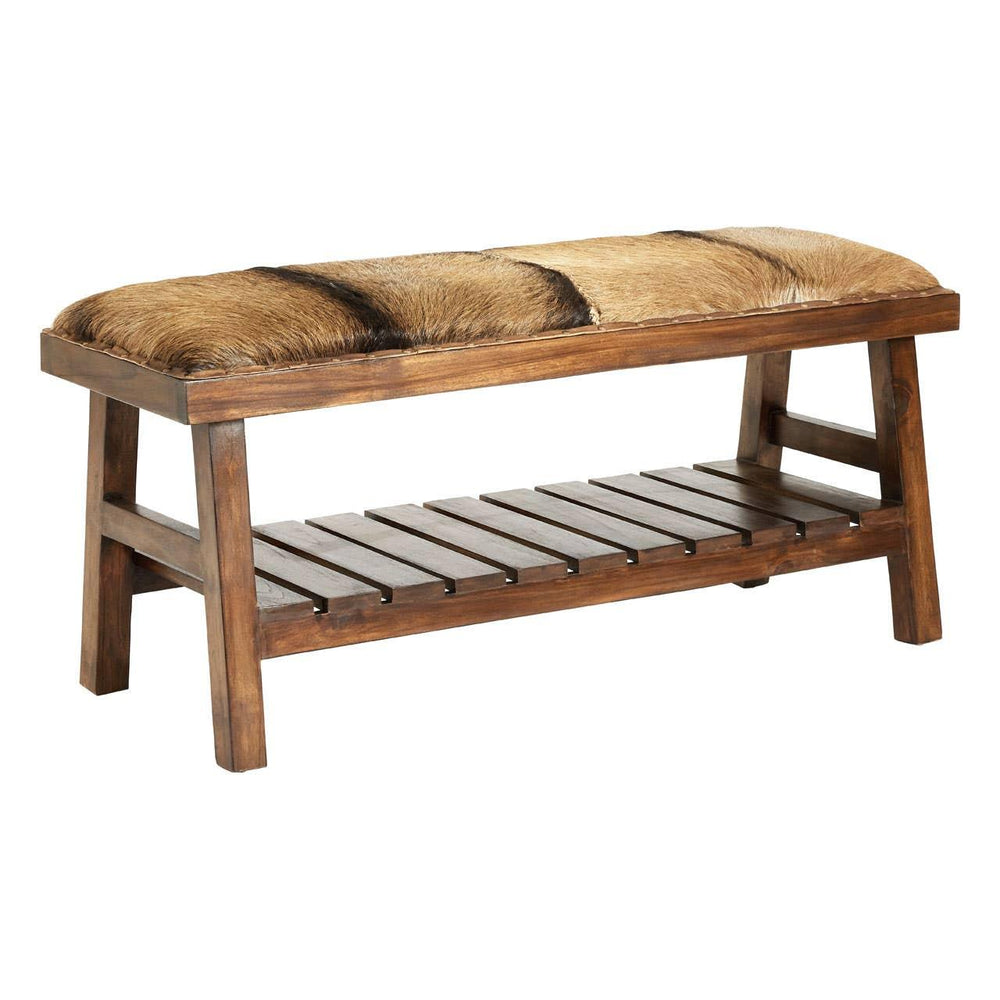 Wooden bench with fur upholstered seat and slatted storage shelf underneath
