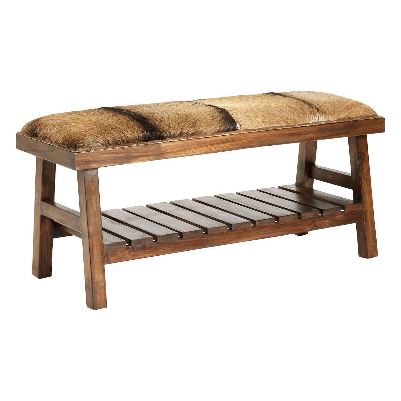 Wooden bench with fur upholstered seat and slatted storage shelf underneath