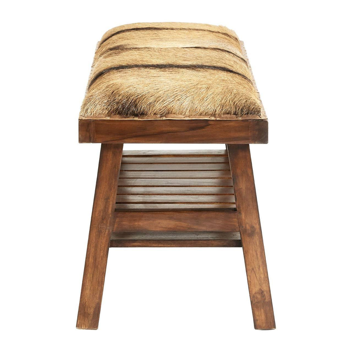 Wooden bench with slatted shelf and fur cushion, viewed from the side