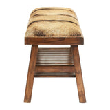 Wooden bench with slatted shelf and fur cushion, viewed from the side