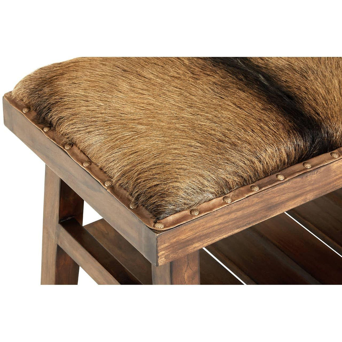 Wooden bench with brown faux fur upholstered seat and decorative nailhead trim