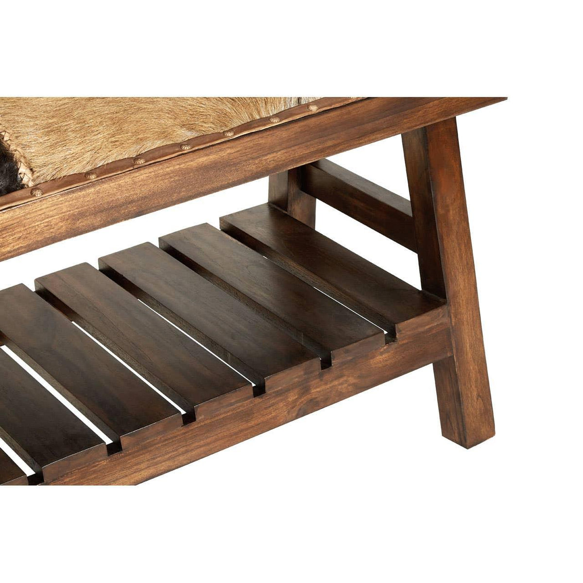 Wooden bench with slatted shelf and brown cowhide upholstered seat, close-up view