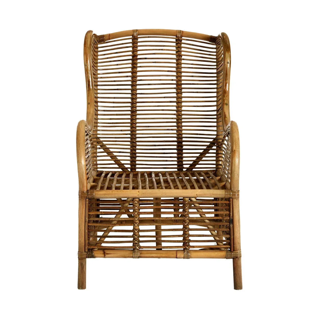 Natural rattan armchair with curved arms and vertical slat back, front view