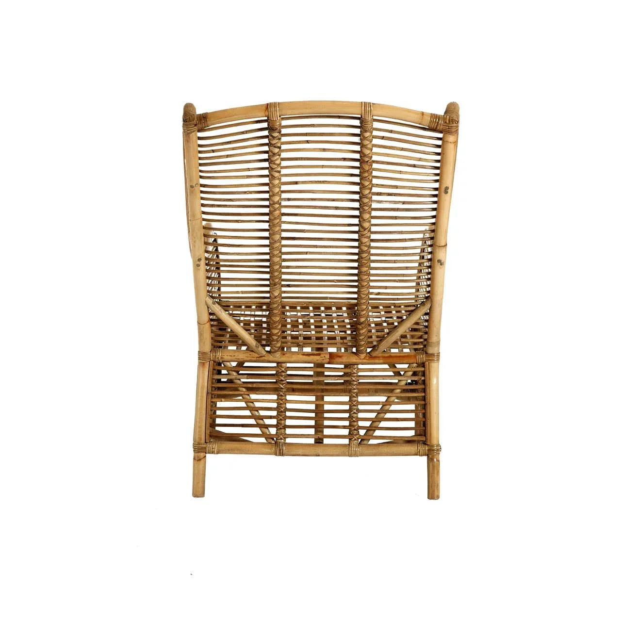 Natural rattan armchair with open weave design shown from the back
