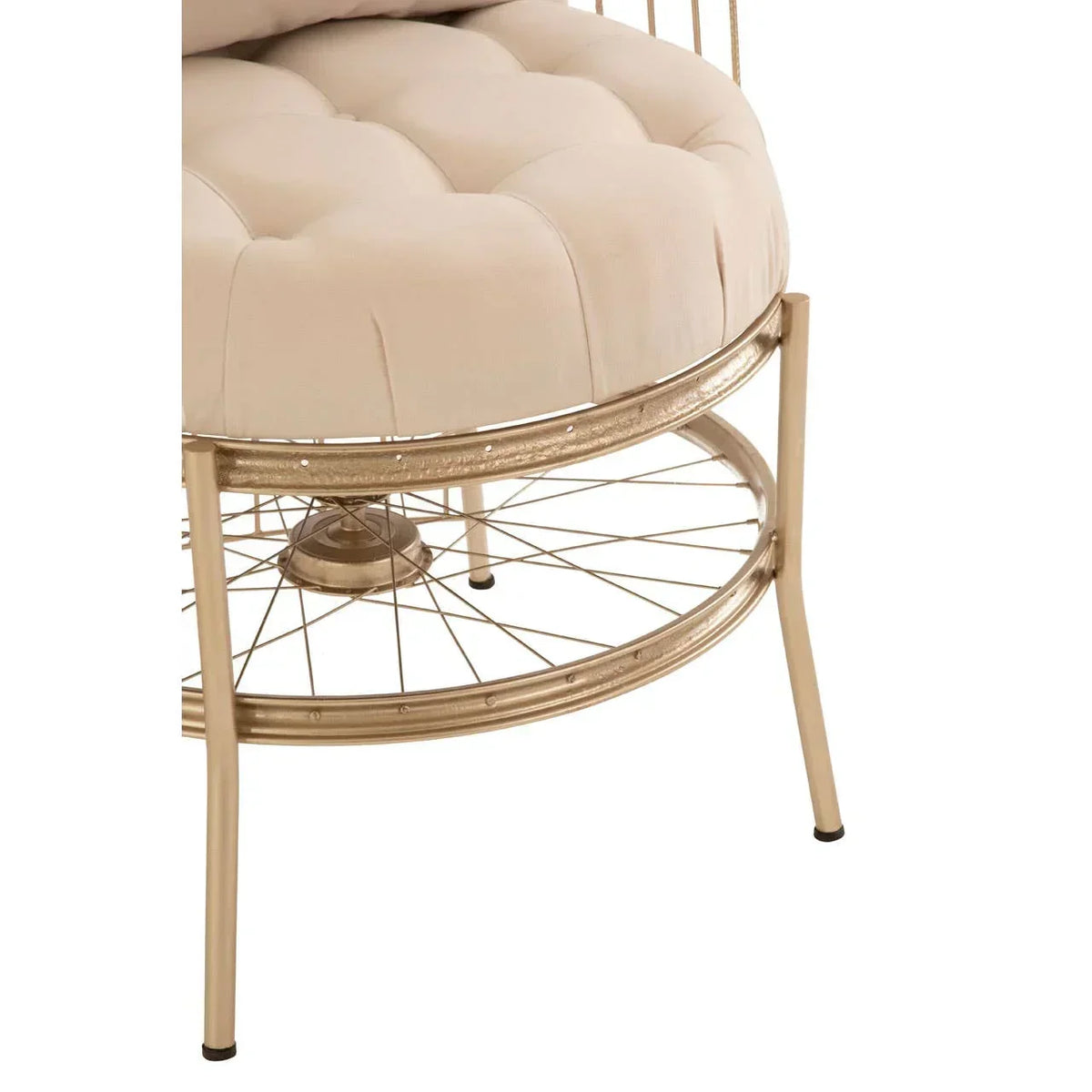 Beige tufted round seat cushion on gold metal chair frame with spokes and slim legs