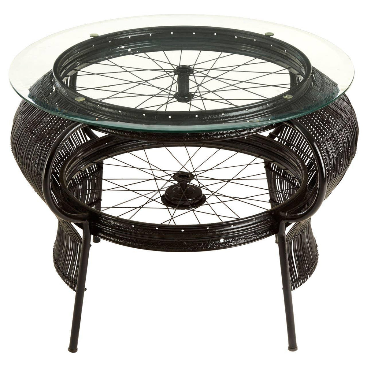 Round glass top coffee table with black metal frame and bicycle wheel detail