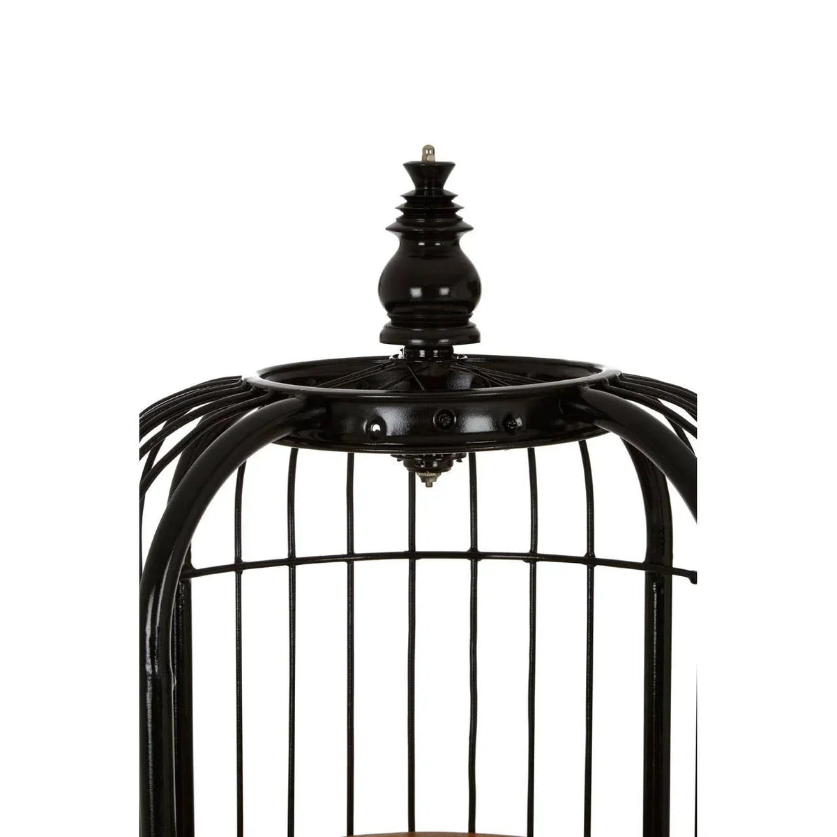 Black metal birdcage with decorative finial and curved top bars close-up