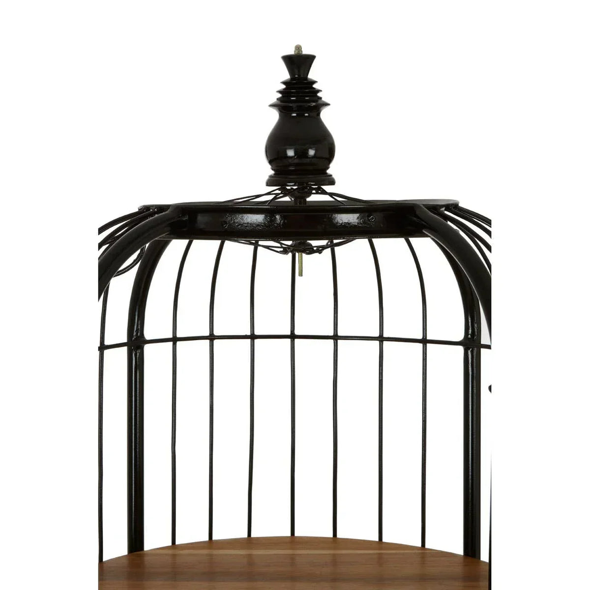 Black metal round cage side table with wooden top, close-up of upper detail