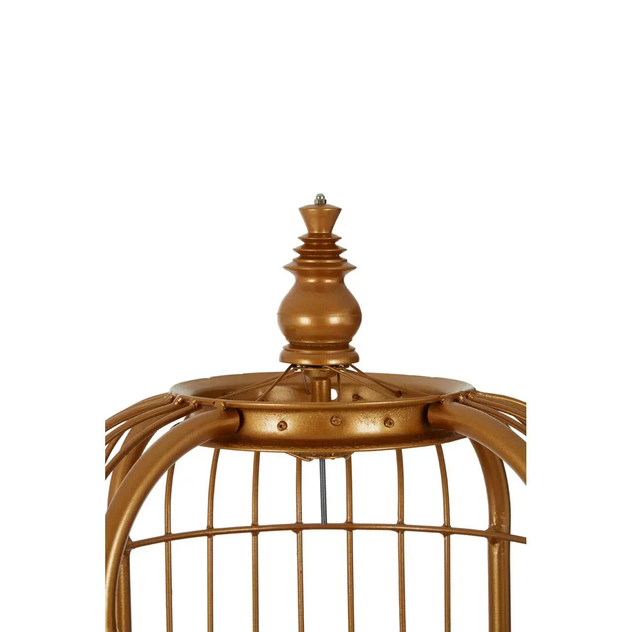 Gold metal bird cage top with decorative finial and vertical bars close-up