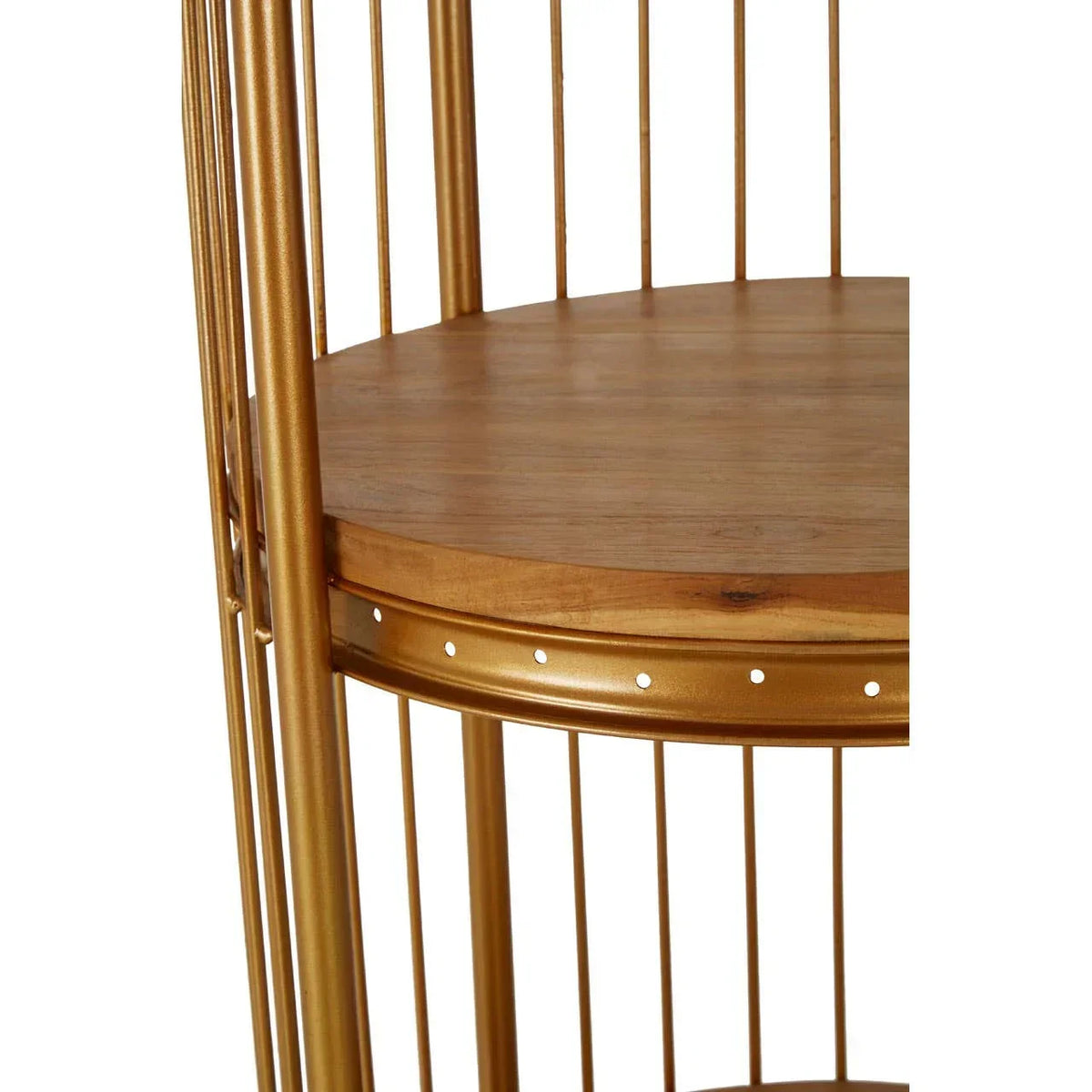 Round wooden shelf with gold metal frame and vertical bars, close-up angle