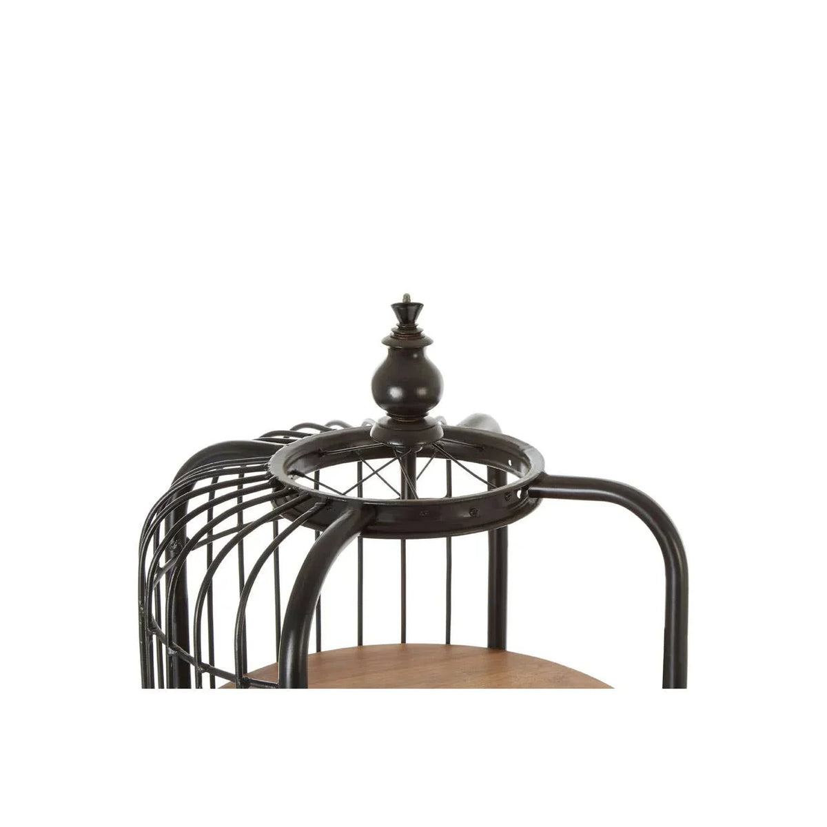 Black metal storage shelf with wooden base, decorative finial detail on top section
