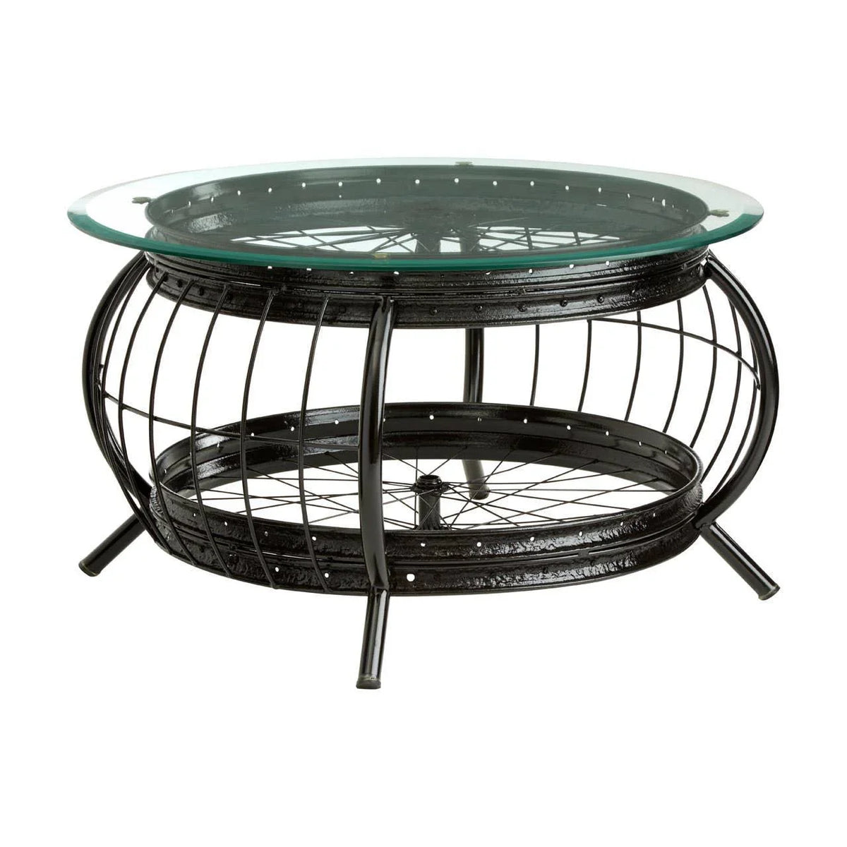 Round black metal coffee table with glass top and lower wire shelf