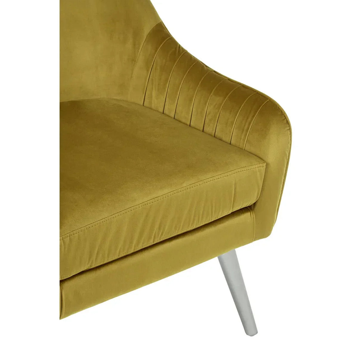 Mustard velvet accent chair seat with silver metal leg and stitched backrest detail
