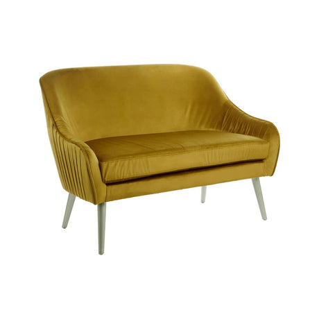 Mustard yellow velvet two-seater sofa with a curved backrest and sleek metal legs. The sofa features a smooth, plush texture and a modern design, suitable for contemporary living spaces