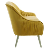 Mustard velvet two-seater sofa with a sleek, curved design and tapered wooden legs, showcasing a textured fabric and a modern silhouette