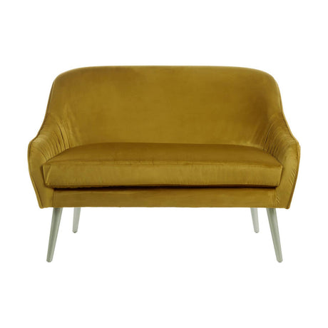 A mustard velvet two-seater sofa with a smooth, plush surface and rounded armrests, supported by sleek, metallic legs. The sofa features a minimalist design, showcasing a contemporary style suitable for various interior decor