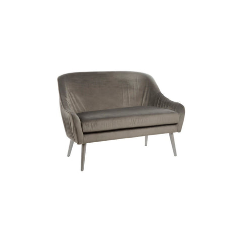 Grey velvet two-seater sofa with a curved backrest and sleek, modern design, featuring tapered metal legs. The upholstery has a soft texture, and the overall shape is inviting and contemporary