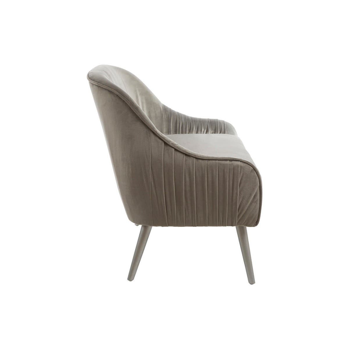Grey velvet two-seater sofa with a sleek, curved backrest and vertical ribbed detailing, supported by slender metal legs. The overall design is modern and elegant, suitable for contemporary living spaces