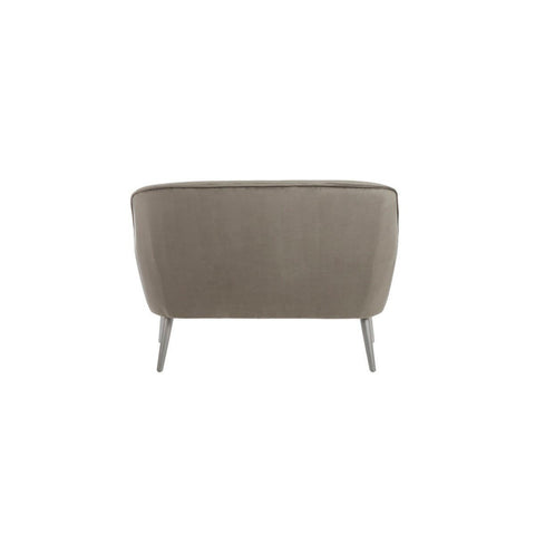 Grey velvet two-seater sofa with a rounded back and sleek metal legs, showcasing a modern and minimalist design. The fabric has a soft texture, and the overall shape is contemporary, suitable for various interior styles