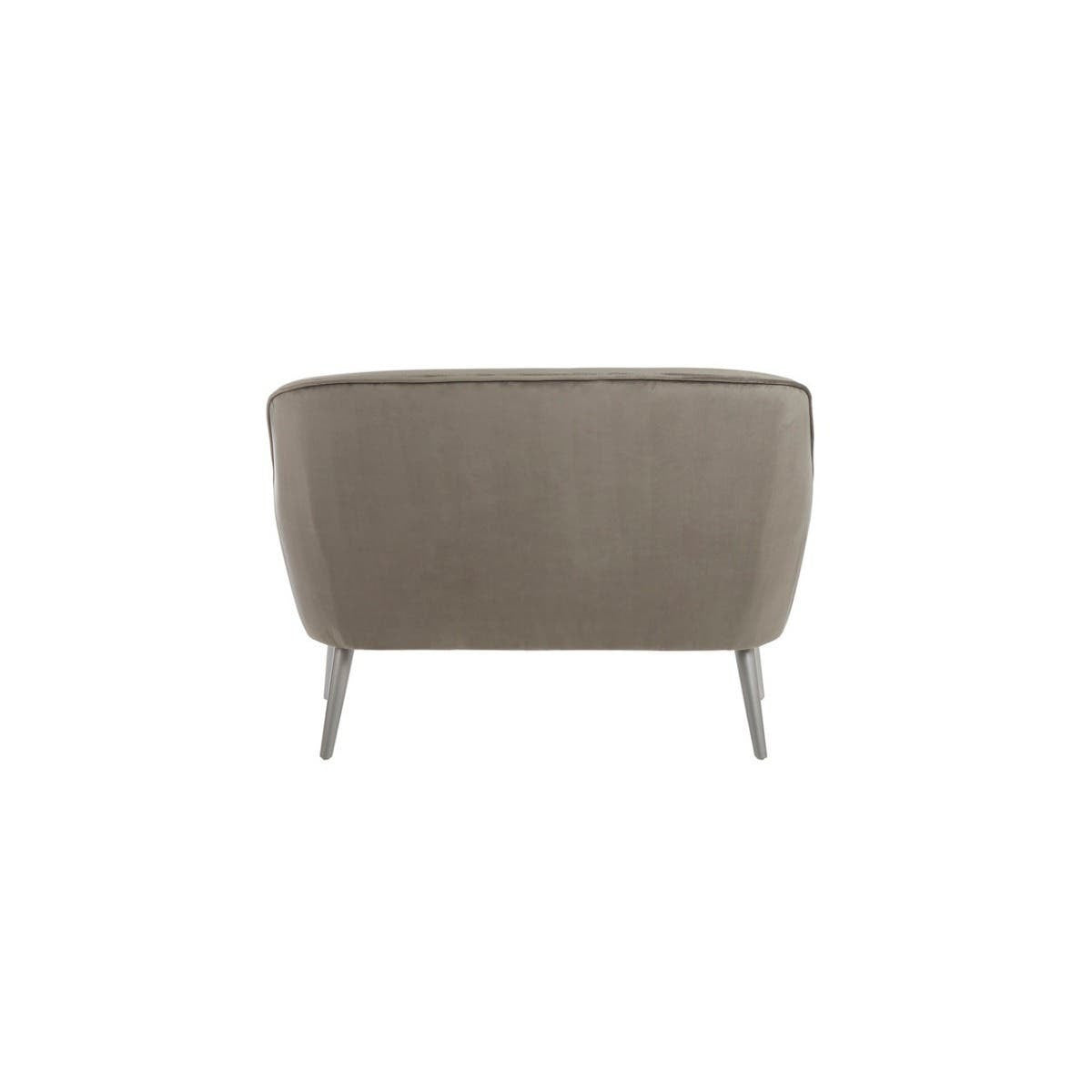 Grey velvet two-seater sofa with a rounded back and sleek metal legs, showcasing a modern and minimalist design. The fabric has a soft texture, and the overall shape is contemporary, suitable for various interior styles