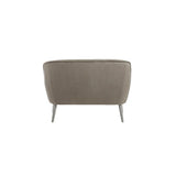 Grey velvet two-seater sofa with a rounded back and sleek metal legs, showcasing a modern and minimalist design. The fabric has a soft texture, and the overall shape is contemporary, suitable for various interior styles
