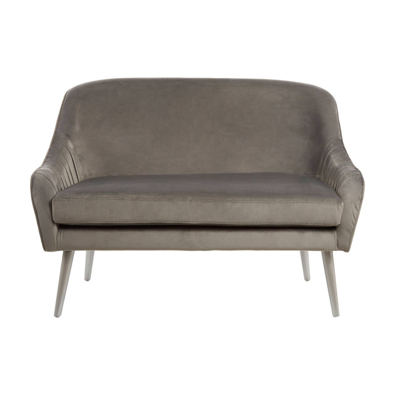 Grey velvet two-seater sofa with a curved backrest and sleek metal legs, featuring a minimalist design and soft upholstery