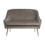 Grey velvet two-seater sofa with a curved backrest and sleek metal legs, featuring a minimalist design and soft upholstery