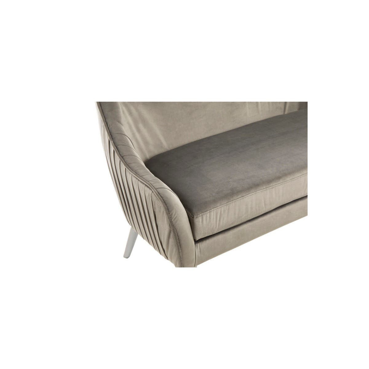 Grey velvet two-seater sofa featuring a sleek design with a curved backrest and a plush seat cushion, supported by elegant metal legs. The fabric has a soft texture, adding a touch of luxury to any living space