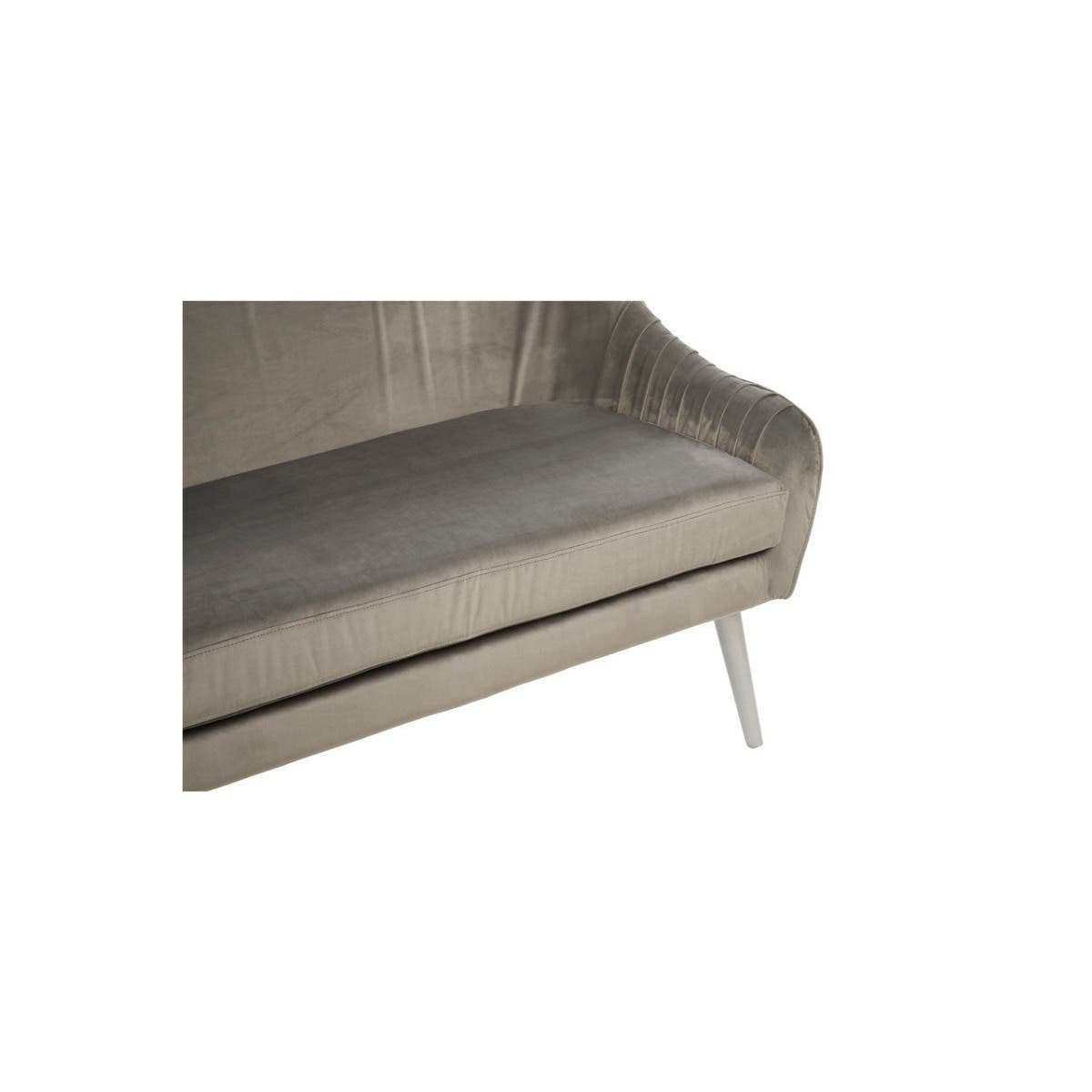 Grey velvet two-seater sofa with a smooth, curved backrest and sleek, tapered legs. The upholstery features a soft texture, and the overall design is modern and elegant, suitable for various interior styles