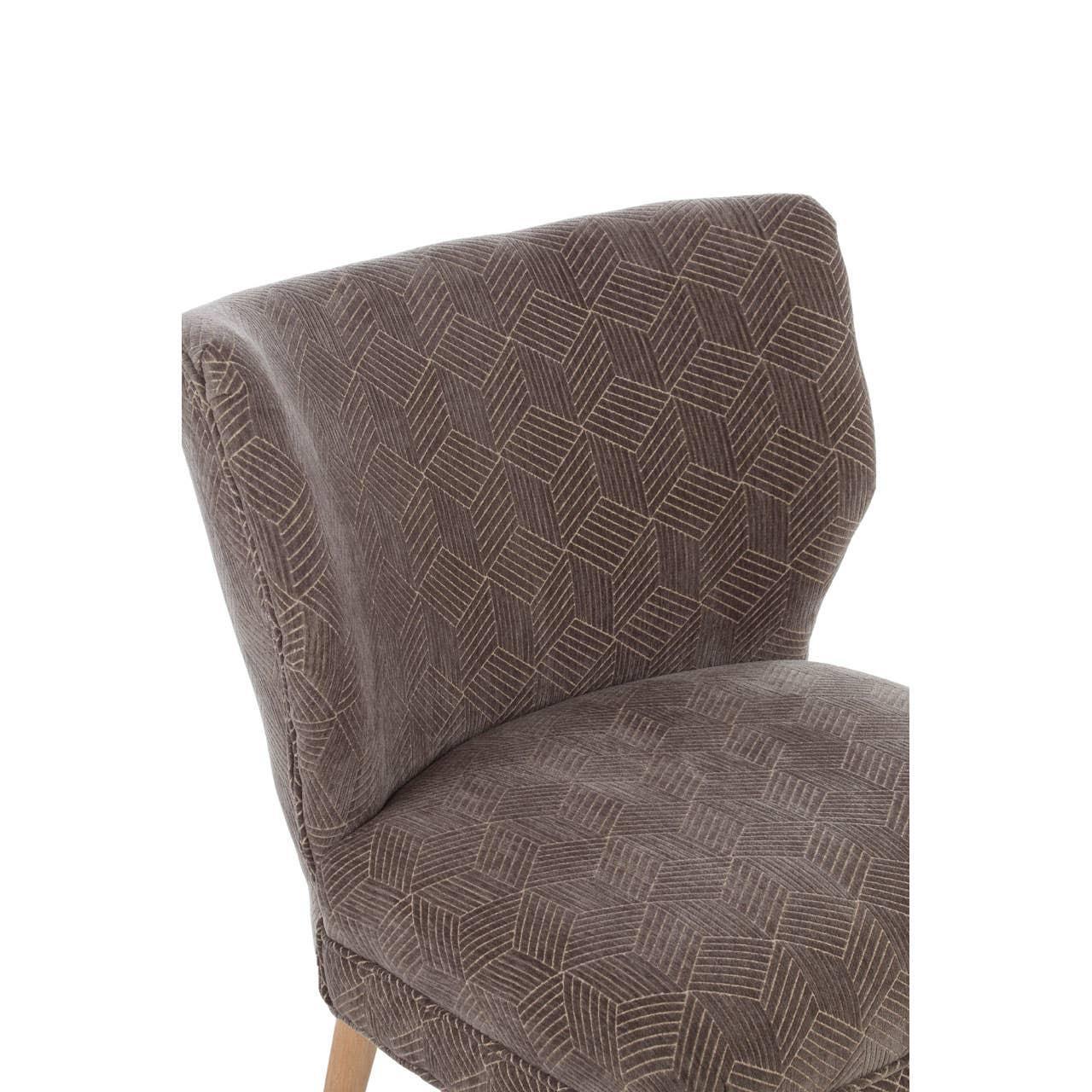 Brown fabric dining chair with geometric cube pattern and wooden legs, side angle view