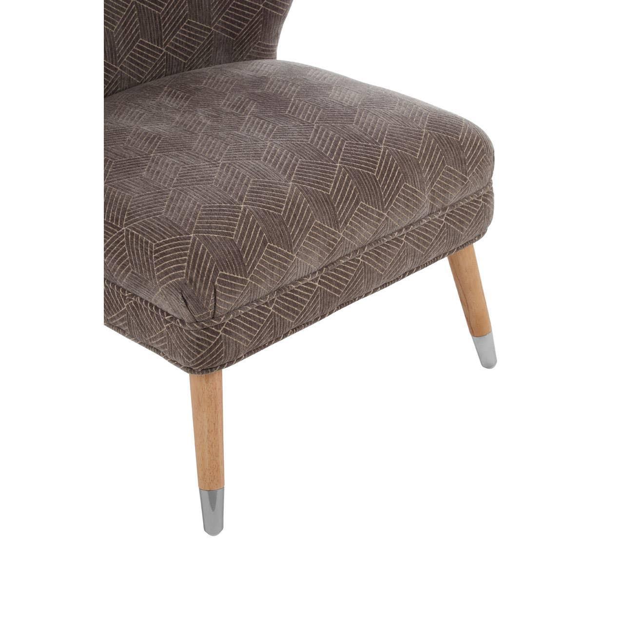 Brown upholstered accent chair seat with geometric pattern and wooden legs