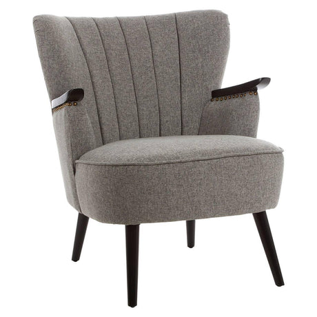 Grey fabric accent chair with dark wooden legs and flared backrest, front angle view