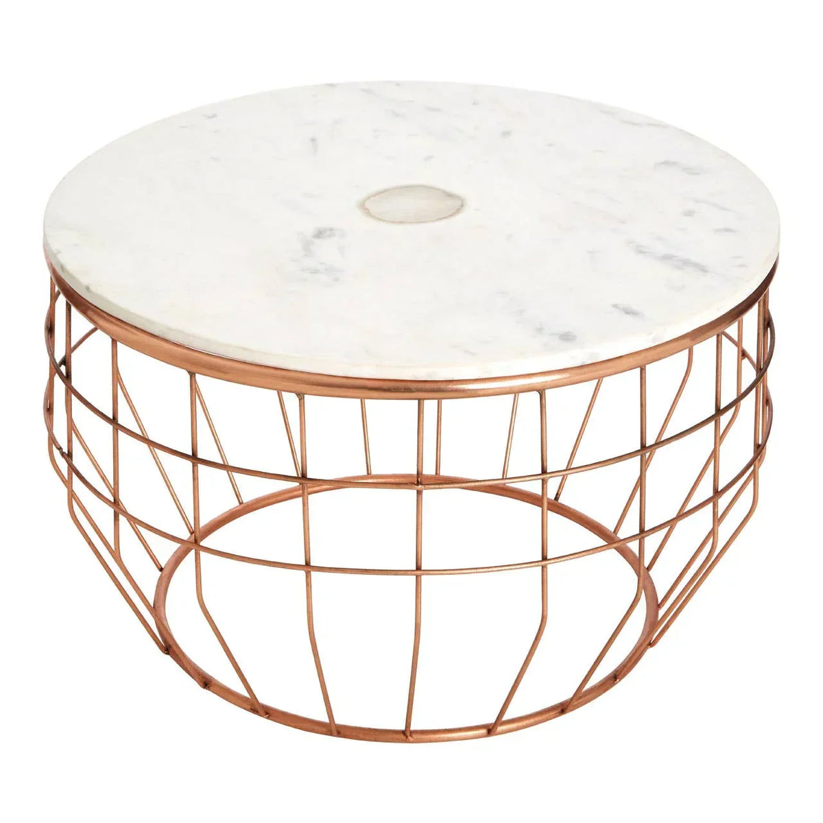 Round marble coffee table with copper wire metal base on white background